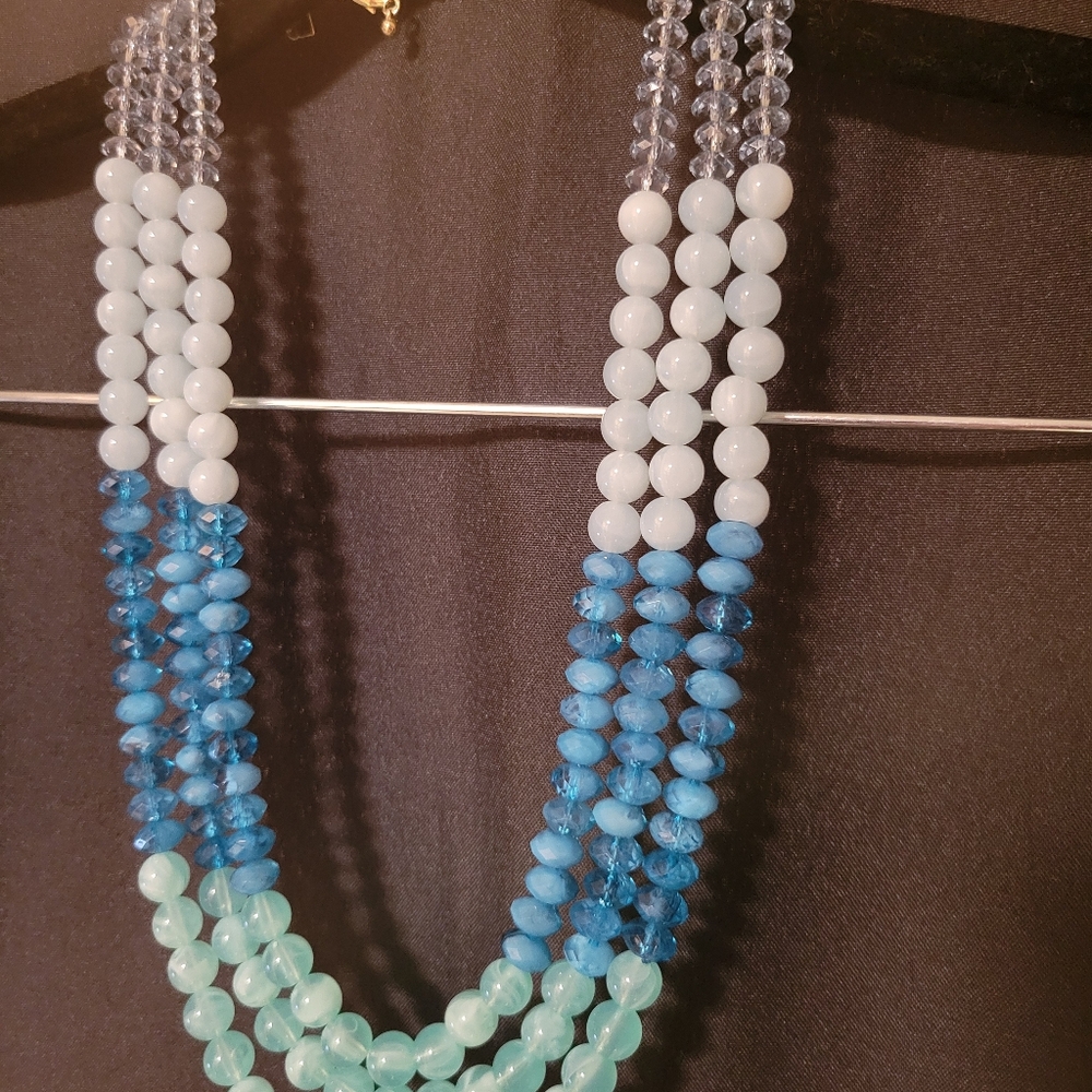 Aquamarine Color Beaded Vintage 3 Strand Necklace W/ Lobster Clasp & Extension
